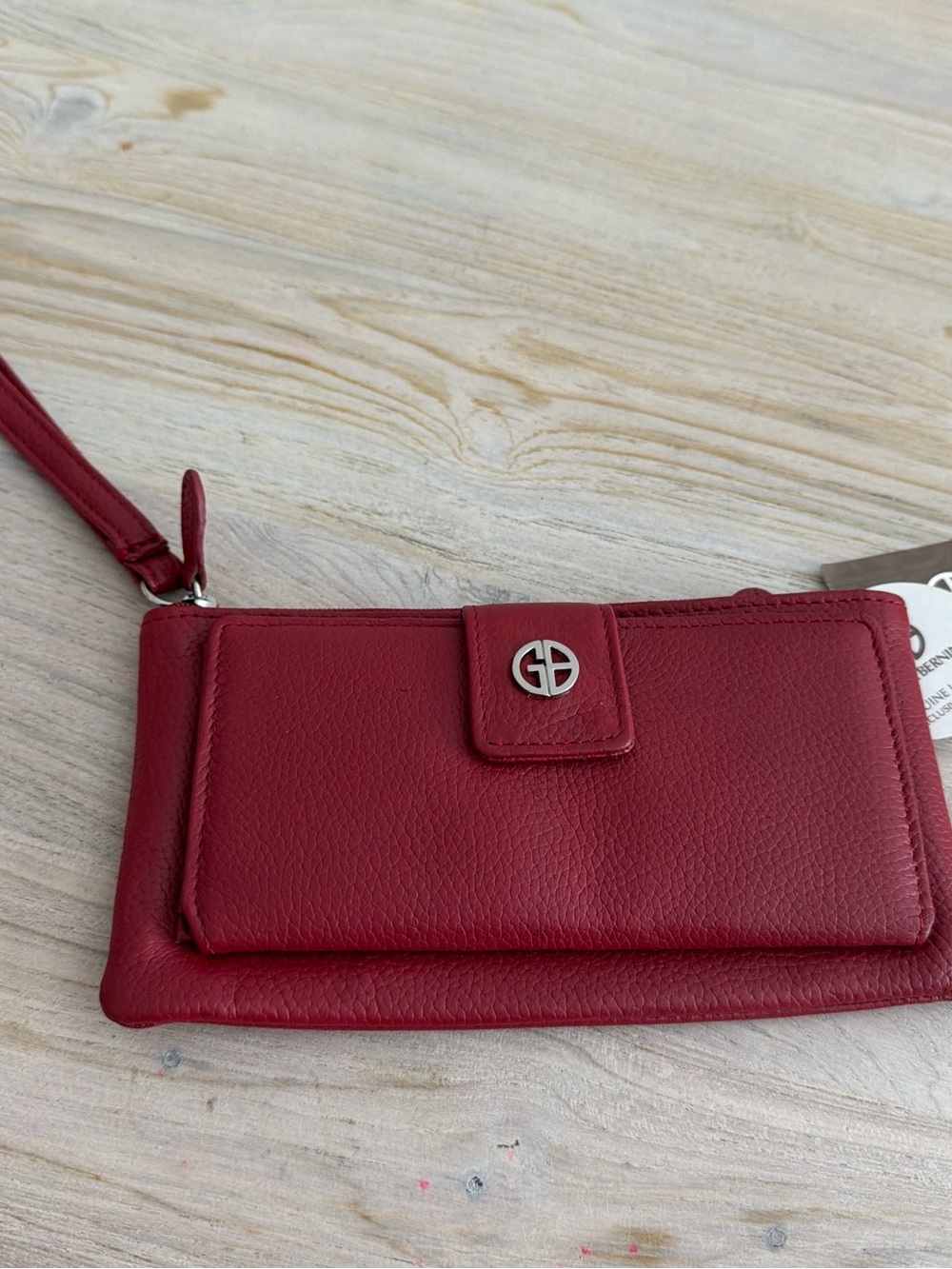 Red Leather Wristlet Clutch with Silver Logo